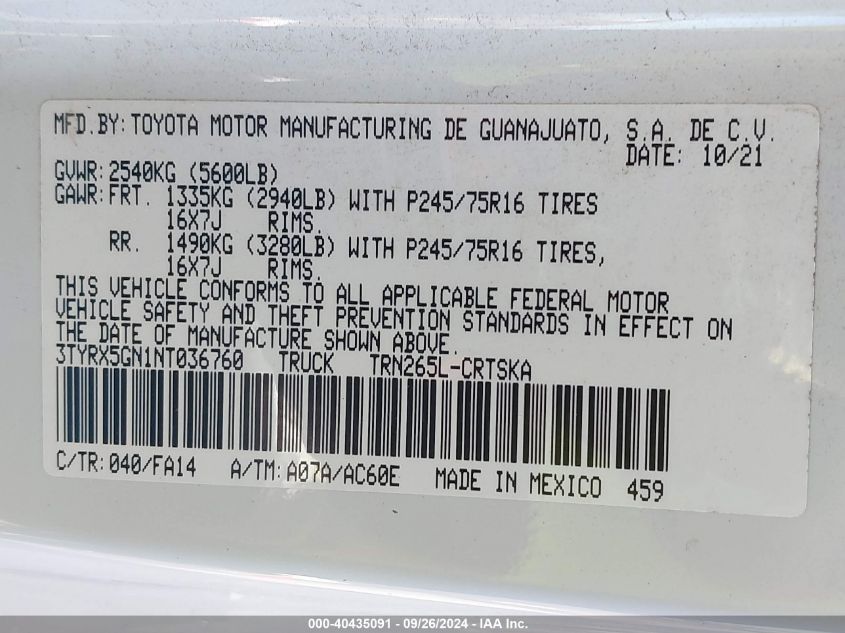 2022 Toyota Tacoma Sr VIN: 3TYRX5GN1NT036760 Lot: 40435091