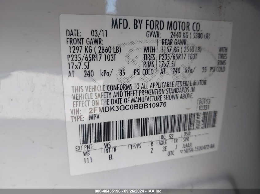 2011 Ford Edge Se VIN: 2FMDK3GC0BBB10976 Lot: 40435196