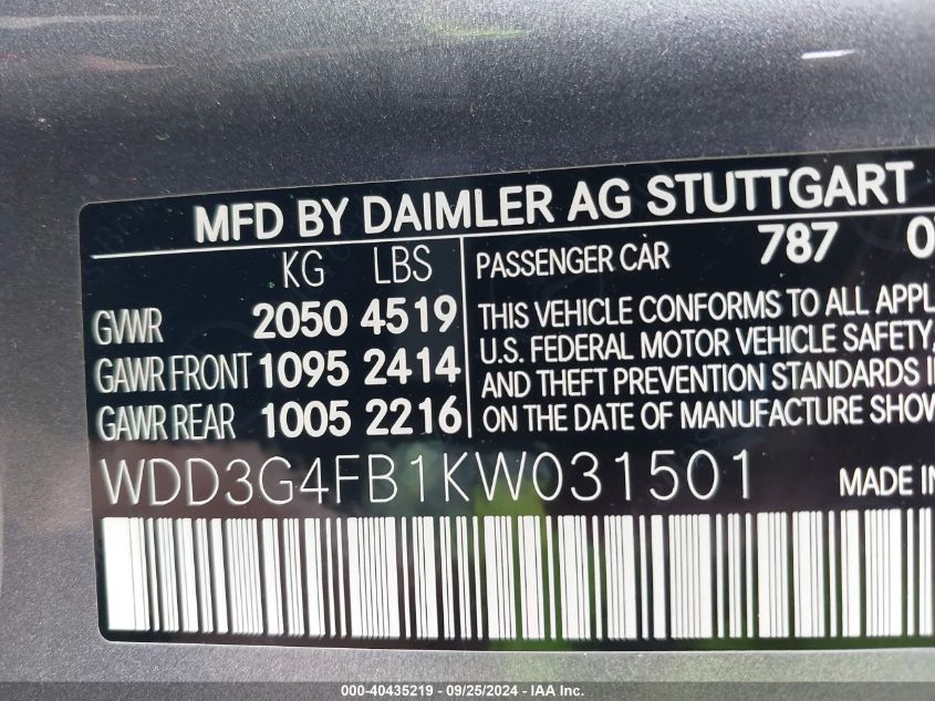 WDD3G4FB1KW031501 2019 Mercedes-Benz A 220 4Matic