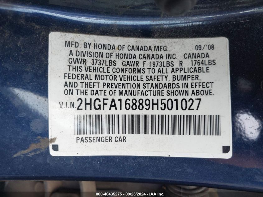 2HGFA16889H501027 2009 Honda Civic Ex