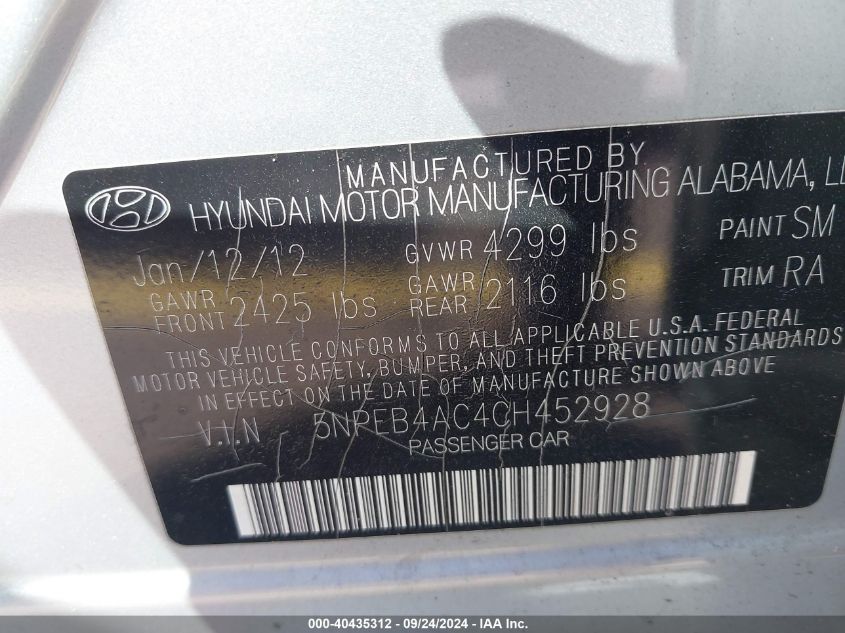 5NPEB4AC4CH452928 2012 Hyundai Sonata Gls