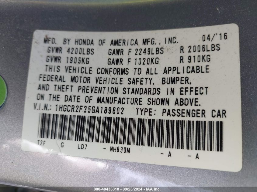 1HGCR2F35GA189802 2016 Honda Accord Lx