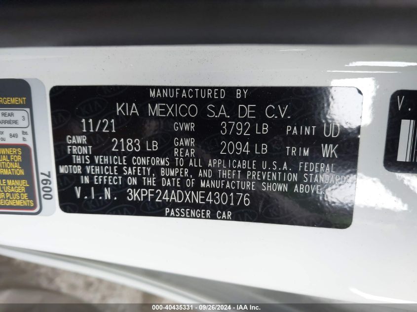 2022 Kia Forte Fe/Lxs VIN: 3KPF24ADXNE430176 Lot: 40435331