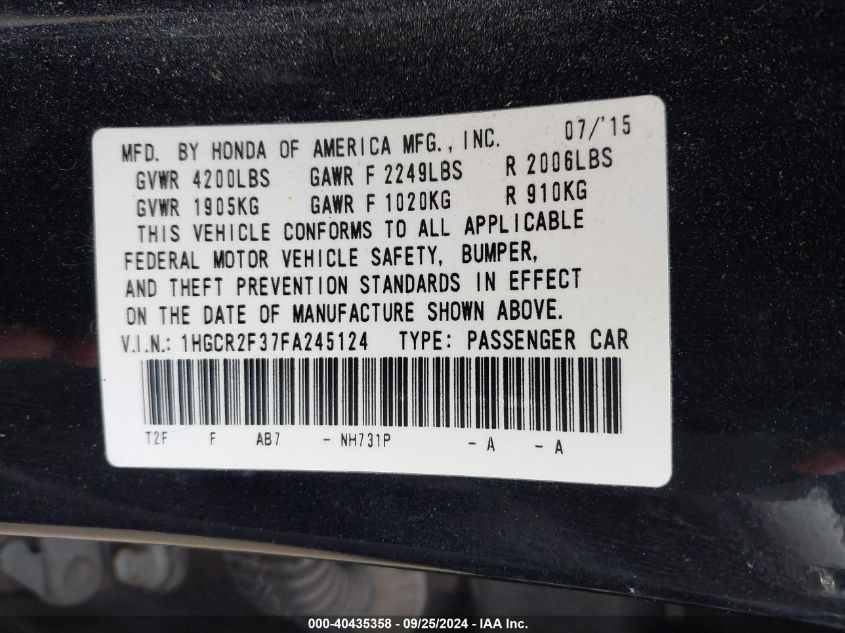 1HGCR2F37FA245124 2015 Honda Accord Lx