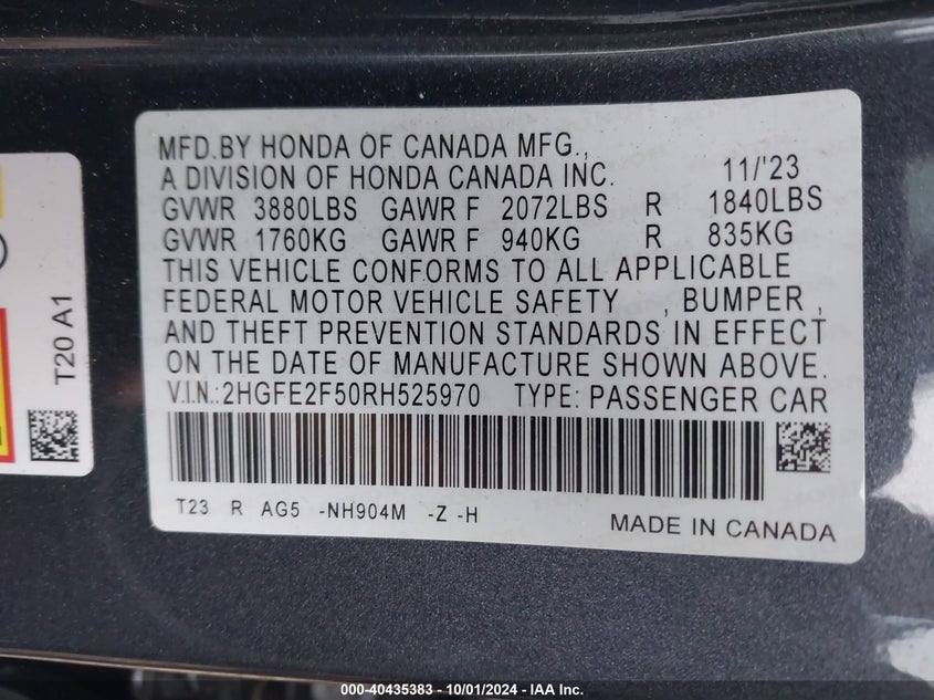 VIN 2HGFE2F50RH525970 2024 HONDA CIVIC SPORT