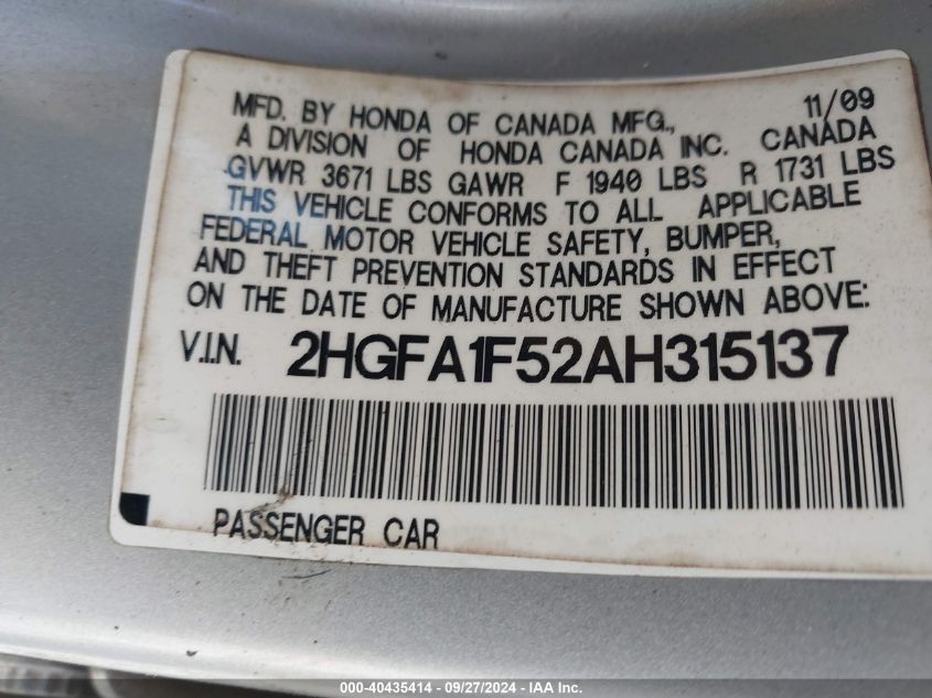 2HGFA1F52AH315137 2010 Honda Civic Lx