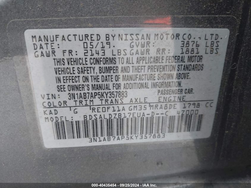 3N1AB7AP5KY357883 2019 Nissan Sentra Sv