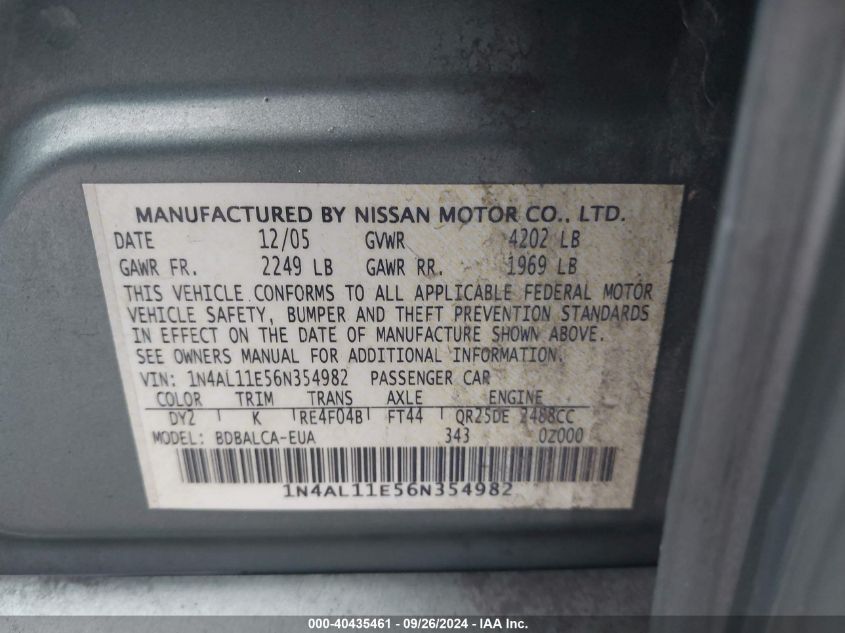 1N4AL11E56N354982 2006 Nissan Altima S/Sl