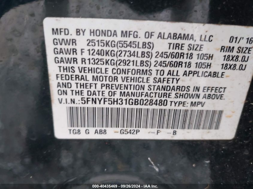 5FNYF5H31GB028480 2016 Honda Pilot Ex