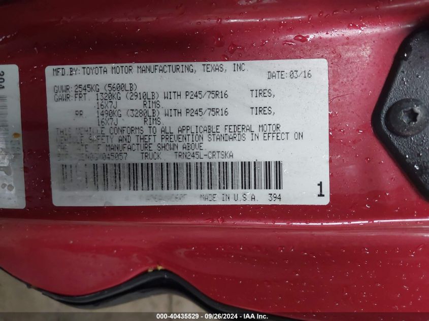 5TFSX5EN0GX045057 2016 Toyota Tacoma Access Cab/Sr/Sr5