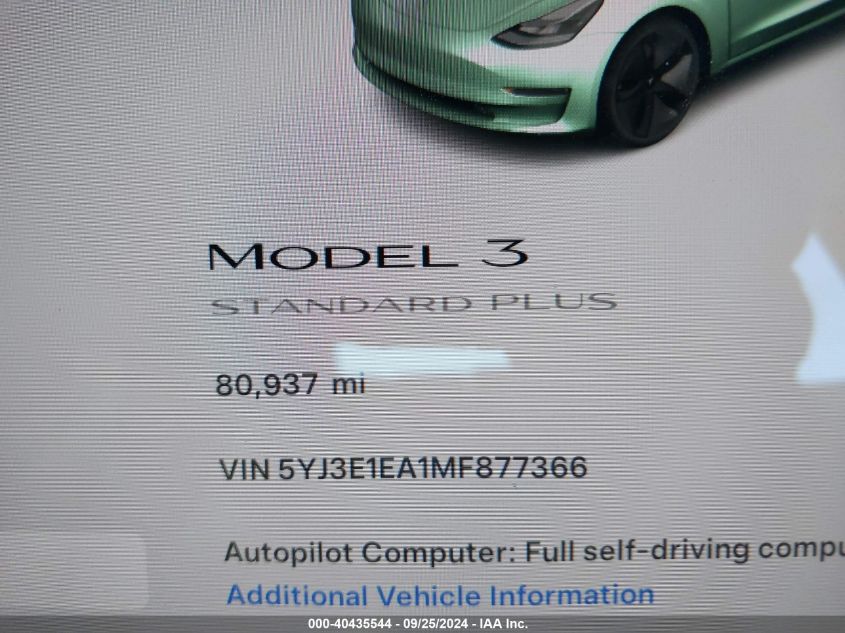 2021 Tesla Model 3 Standard Range Plus Rear-Wheel Drive VIN: 5YJ3E1EA1MF877366 Lot: 40435544