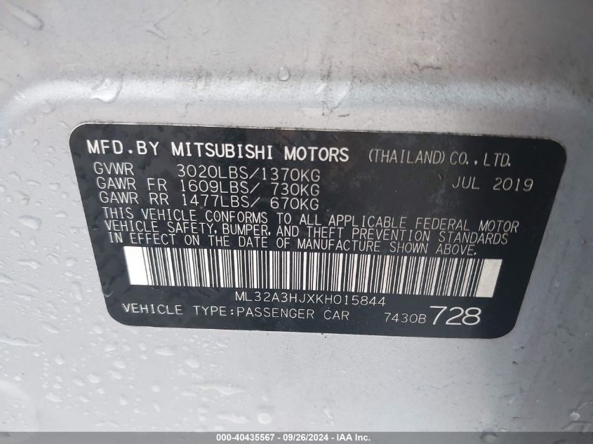 2019 Mitsubishi Mirage Es/Rf VIN: ML32A3HJXKH015844 Lot: 40435567