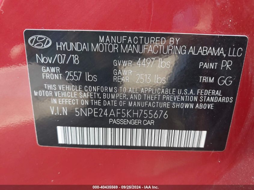 5NPE24AF5KH755676 2019 Hyundai Sonata Se