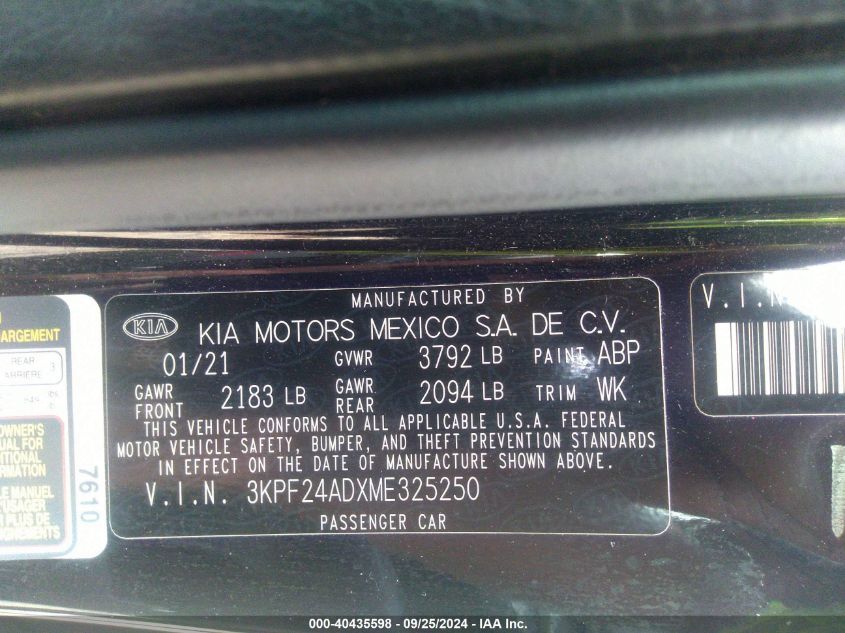 2021 Kia Forte Lxs VIN: 3KPF24ADXME325250 Lot: 40435598