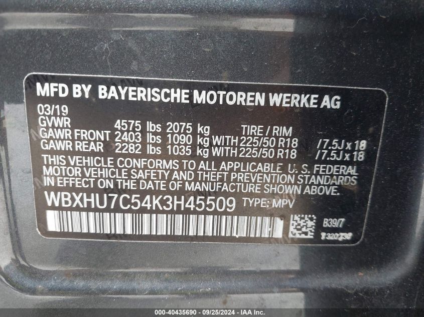 WBXHU7C54K3H45509 2019 BMW X1 Sdrive28I