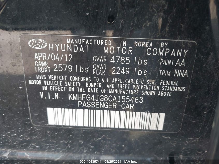 KMHFG4JG8CA155463 2012 Hyundai Azera