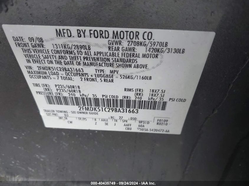 2FMDK51C29BA31663 2009 Ford Flex Se