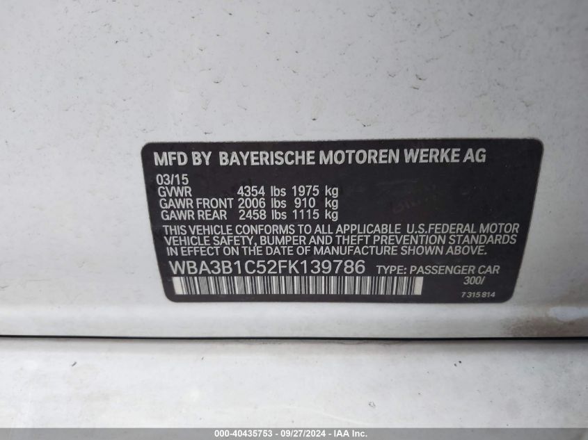 2015 BMW 320I VIN: WBA3B1C52FK139786 Lot: 40435753