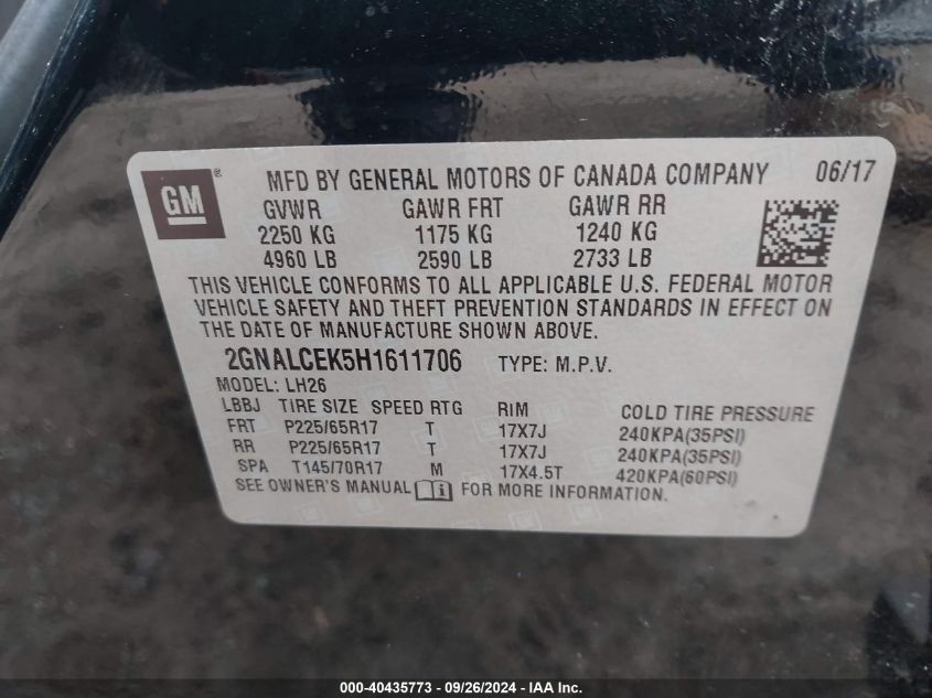 2GNALCEK5H1611706 2017 Chevrolet Equinox Lt