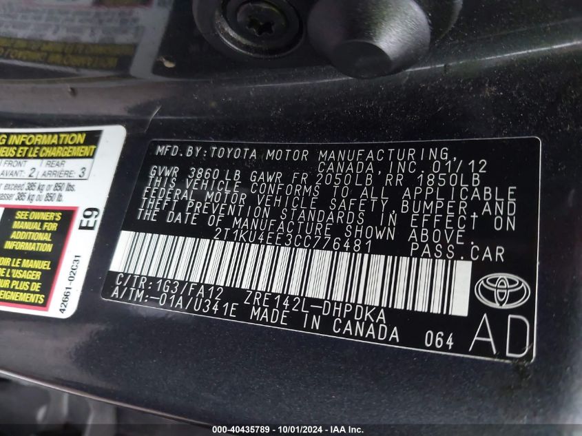 2T1KU4EE3CC776481 2012 Toyota Matrix L