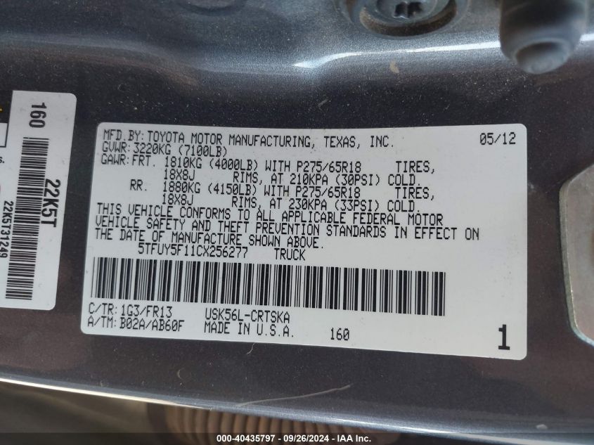 5TFUY5F11CX256277 2012 Toyota Tundra Double Cab Sr5