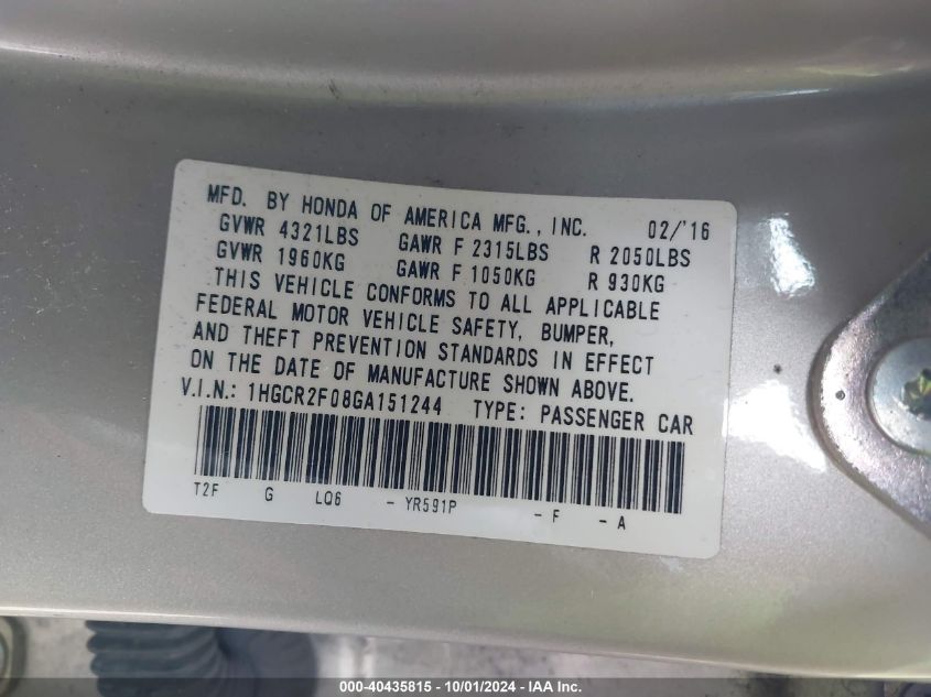 1HGCR2F08GA151244 2016 Honda Accord Ex