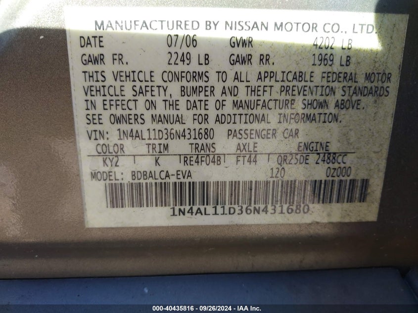 1N4AL11D36N431680 2006 Nissan Altima S/Sl