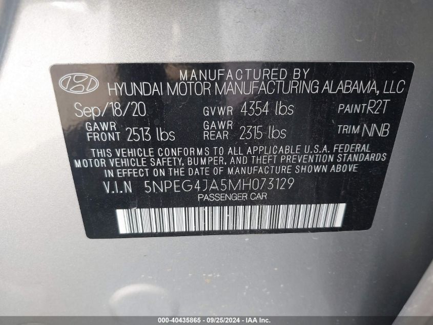 5NPEG4JA5MH073129 2021 Hyundai Sonata Se