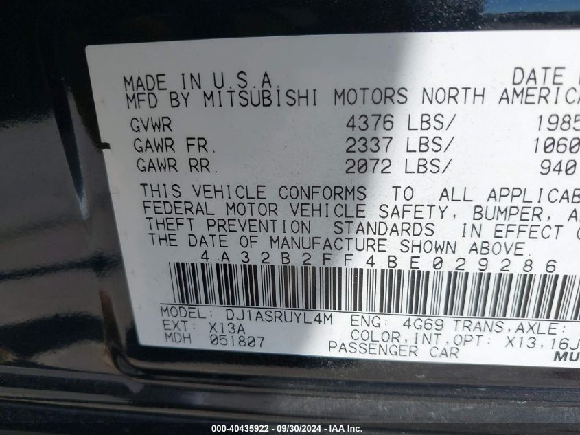 2011 Mitsubishi Galant Fe VIN: 4A32B2FF4BE029286 Lot: 40435922