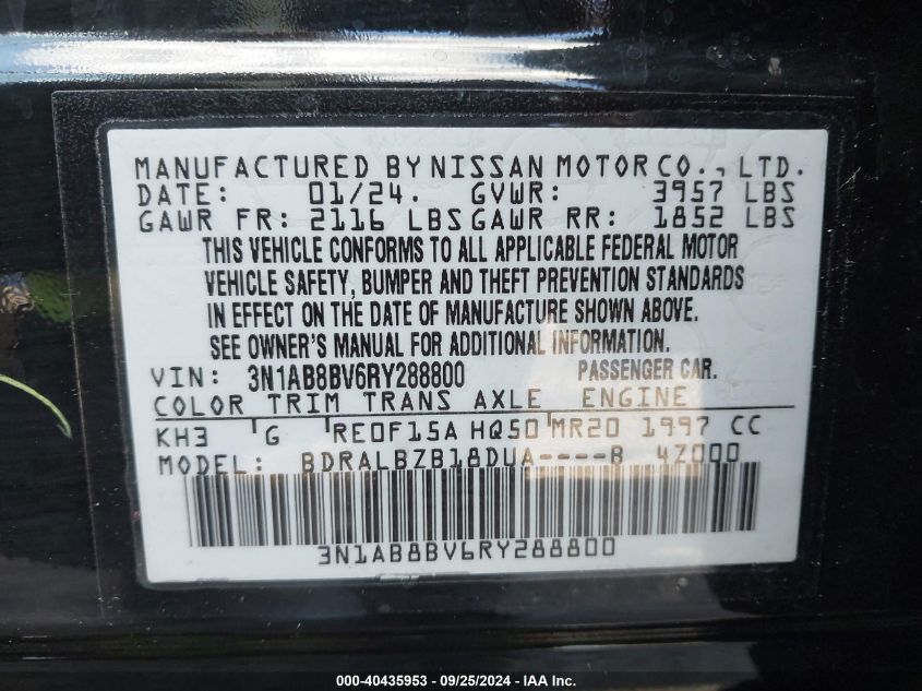 2024 NISSAN SENTRA S XTRONIC CVT - 3N1AB8BV6RY288800