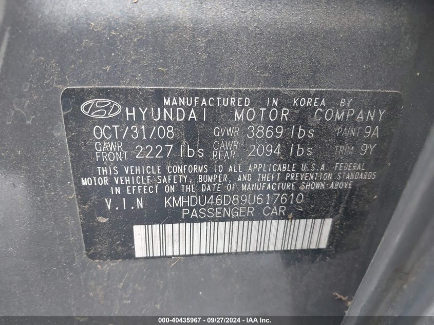 2009 Hyundai Elantra Se VIN: KMHDU46D89U617610 Lot: 40435967