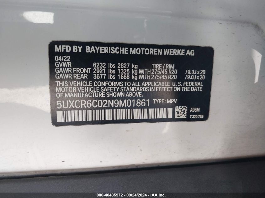 2022 BMW X5 xDrive40I VIN: 5UXCR6C02N9M01861 Lot: 40435972