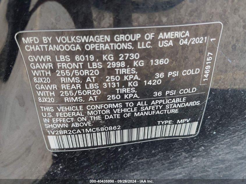 2021 Volkswagen Atlas 3.6L V6 Sel VIN: 1V2BR2CA1MC580862 Lot: 40435998