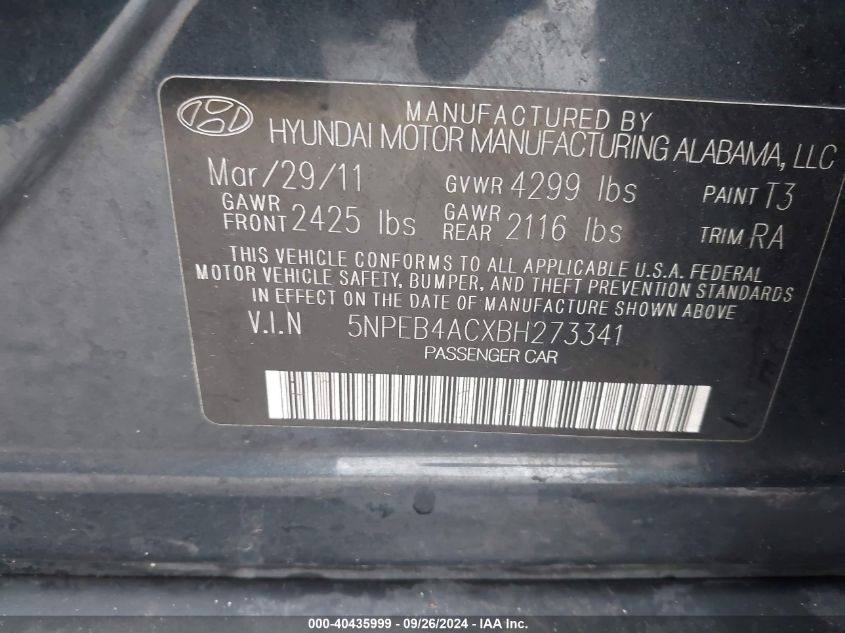 5NPEB4ACXBH273341 2011 Hyundai Sonata Gls