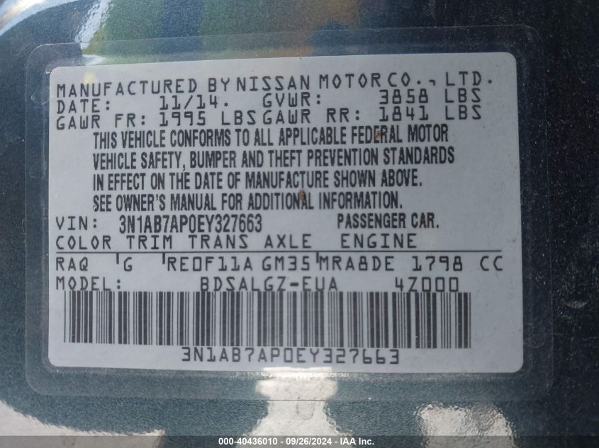 2014 Nissan Sentra Sl VIN: 3N1AB7AP0EY327663 Lot: 40436010