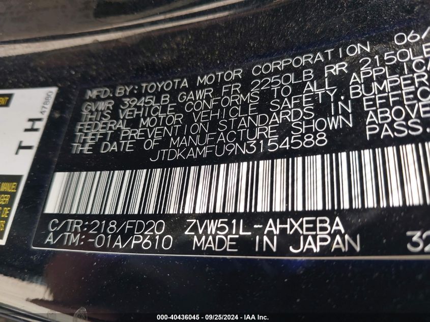 2022 Toyota Prius Le VIN: JTDKAMFU9N3154588 Lot: 40436045