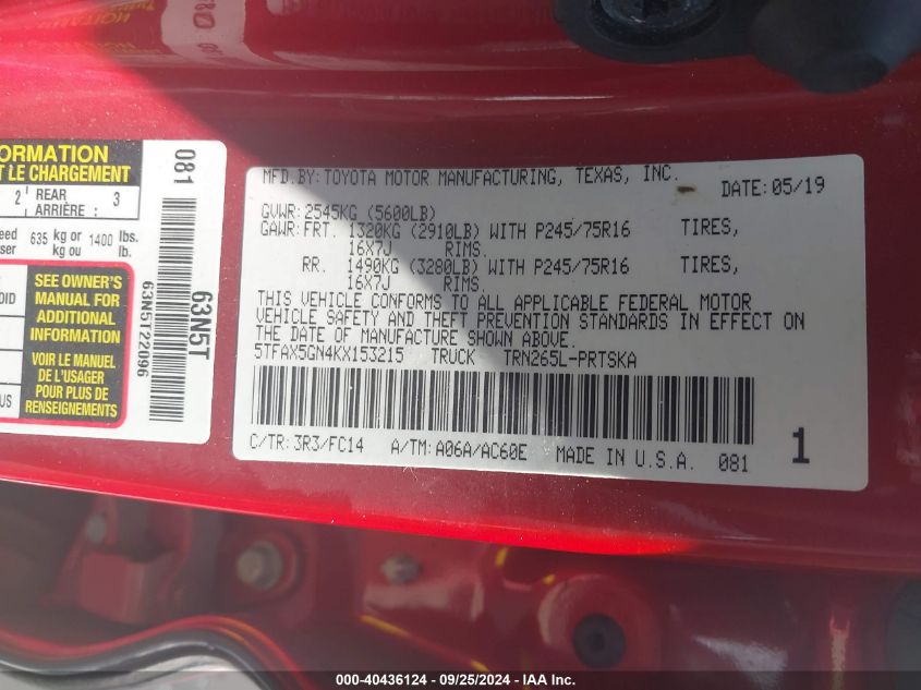 5TFAX5GN4KX153215 2019 Toyota Tacoma Sr5