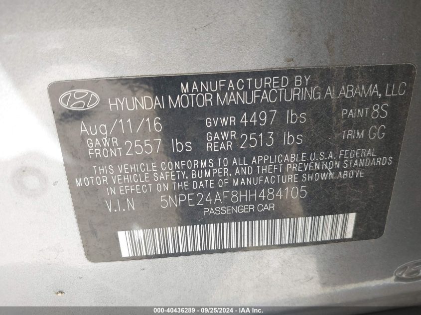 5NPE24AF8HH484105 2017 Hyundai Sonata