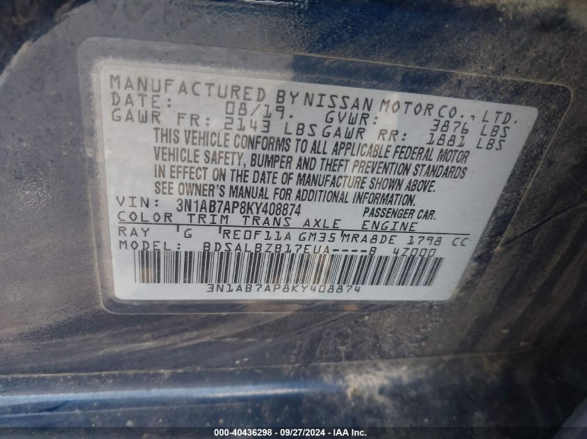 3N1AB7AP8KY408874 2019 Nissan Sentra S