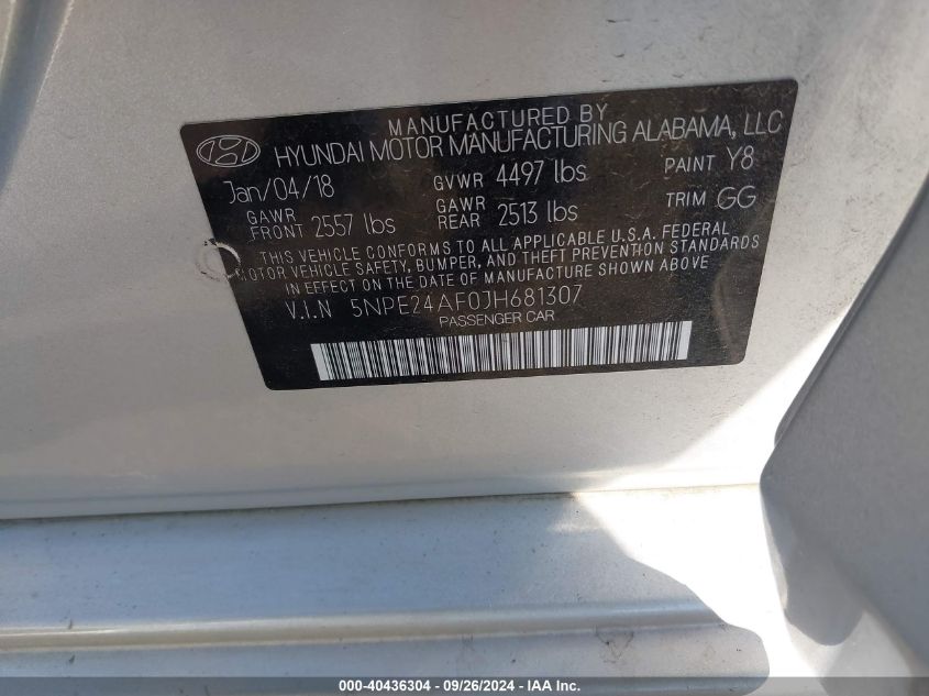 5NPE24AF0JH681307 2018 Hyundai Sonata Se