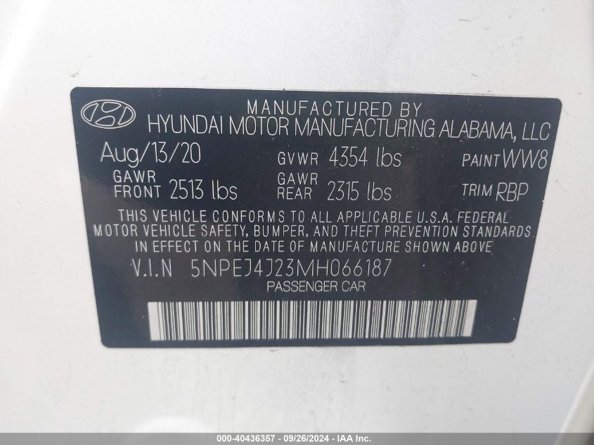 2021 Hyundai Sonata Sel Plus VIN: 5NPEJ4J23MH066187 Lot: 40436357