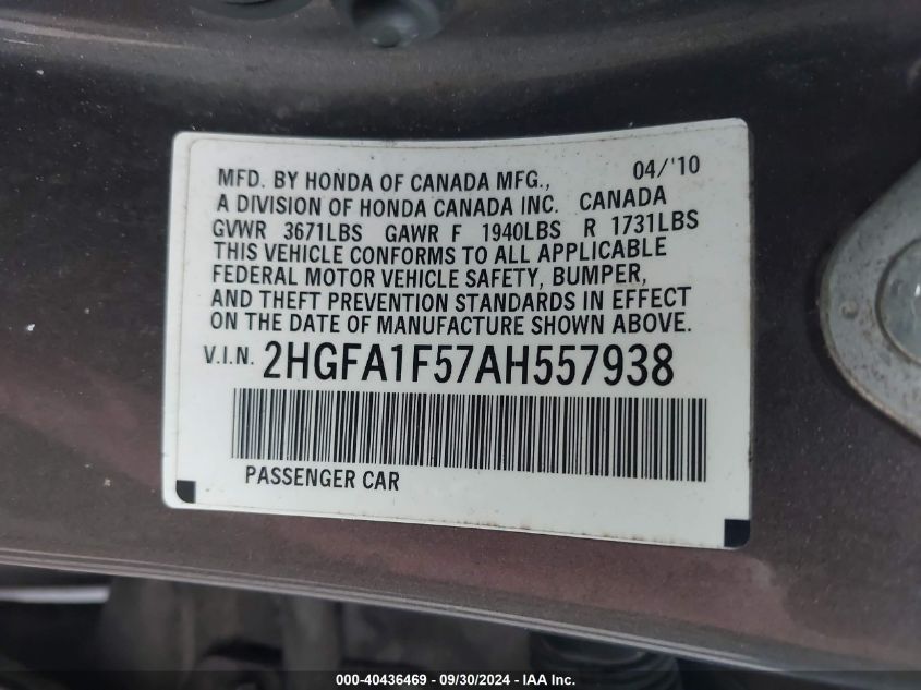 2HGFA1F57AH557938 2010 Honda Civic Lx