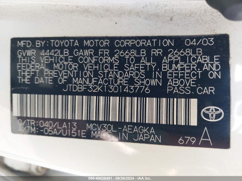 JTDBF32K130143776 2003 Toyota Camry Xle V6