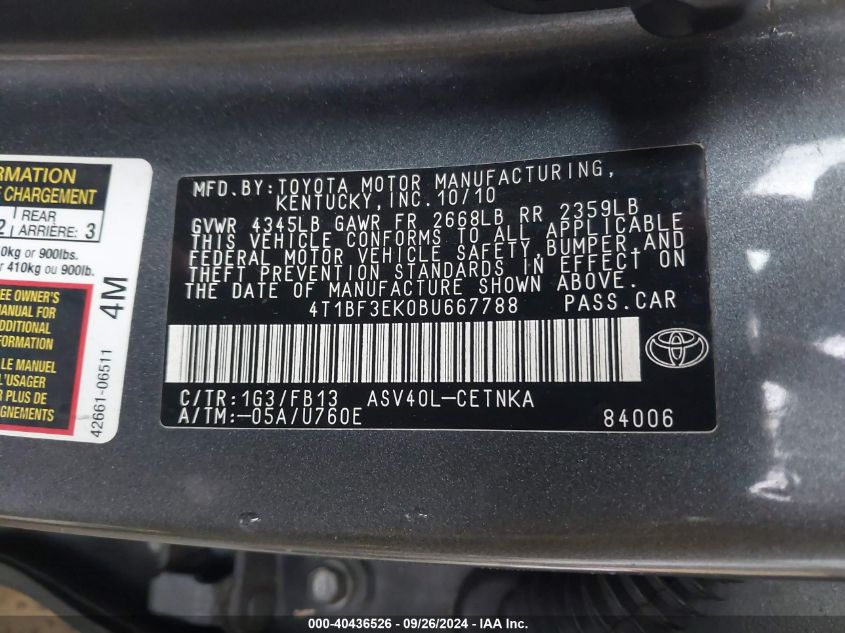 4T1BF3EK0BU667788 2011 Toyota Camry Se/Le/Xle