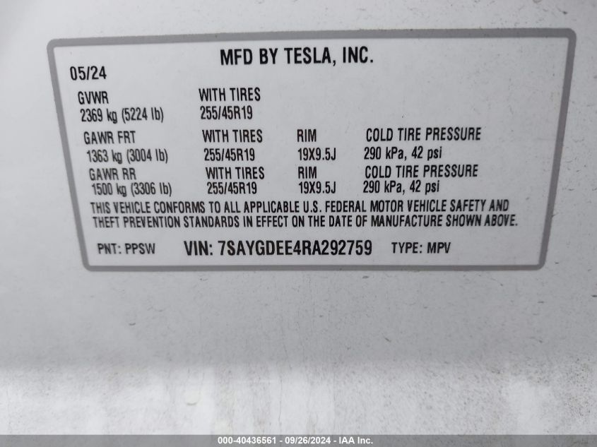 VIN 7SAYGDEE4RA292759 2024 Tesla Model Y, Long Rang... no.9