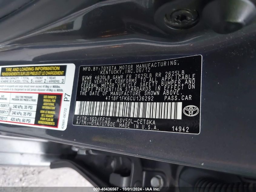 4T1BF1FK6CU136292 2012 Toyota Camry Se/Le/Xle