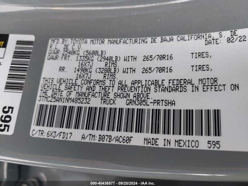 3TMCZ5AN1NM485232 2022 Toyota Tacoma Trd Off Road