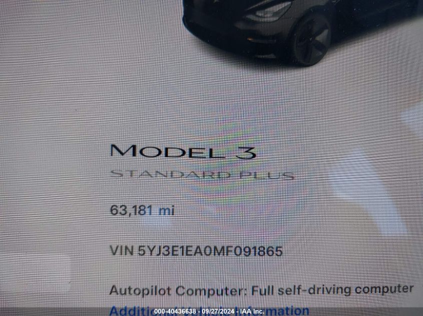 2021 Tesla Model 3 Standard Range Plus Rear-Wheel Drive VIN: 5YJ3E1EA0MF091865 Lot: 40436638