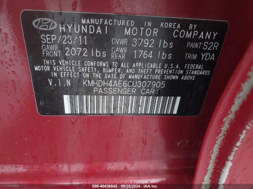 2012 Hyundai Elantra Gls (Ulsan Plant) VIN: KMHDH4AE6CU307905 Lot: 40436645