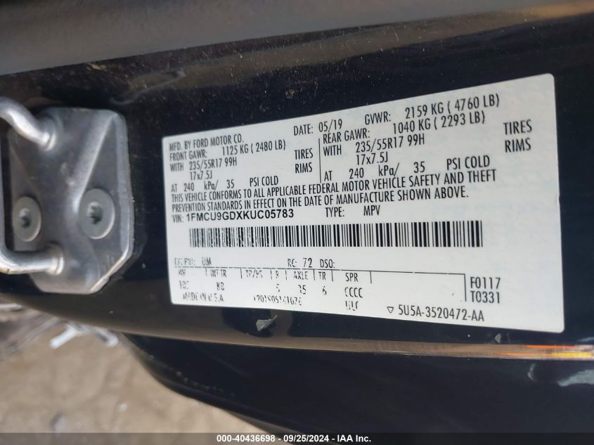 1FMCU9GDXKUC05783 2019 Ford Escape Se